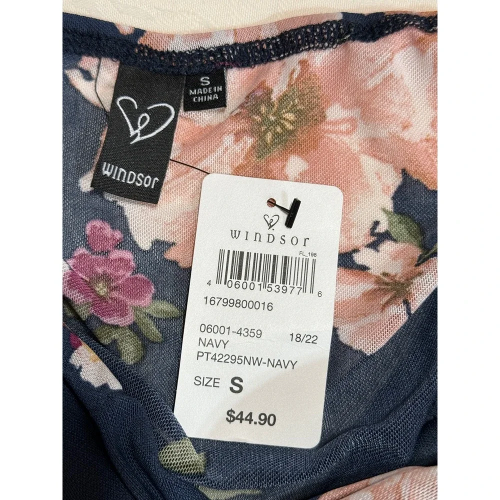 Windsor Floral Mesh Crop Top Womens Size S Navy Blue Long Sleeve Coquette Casual - Picture 5 of 9